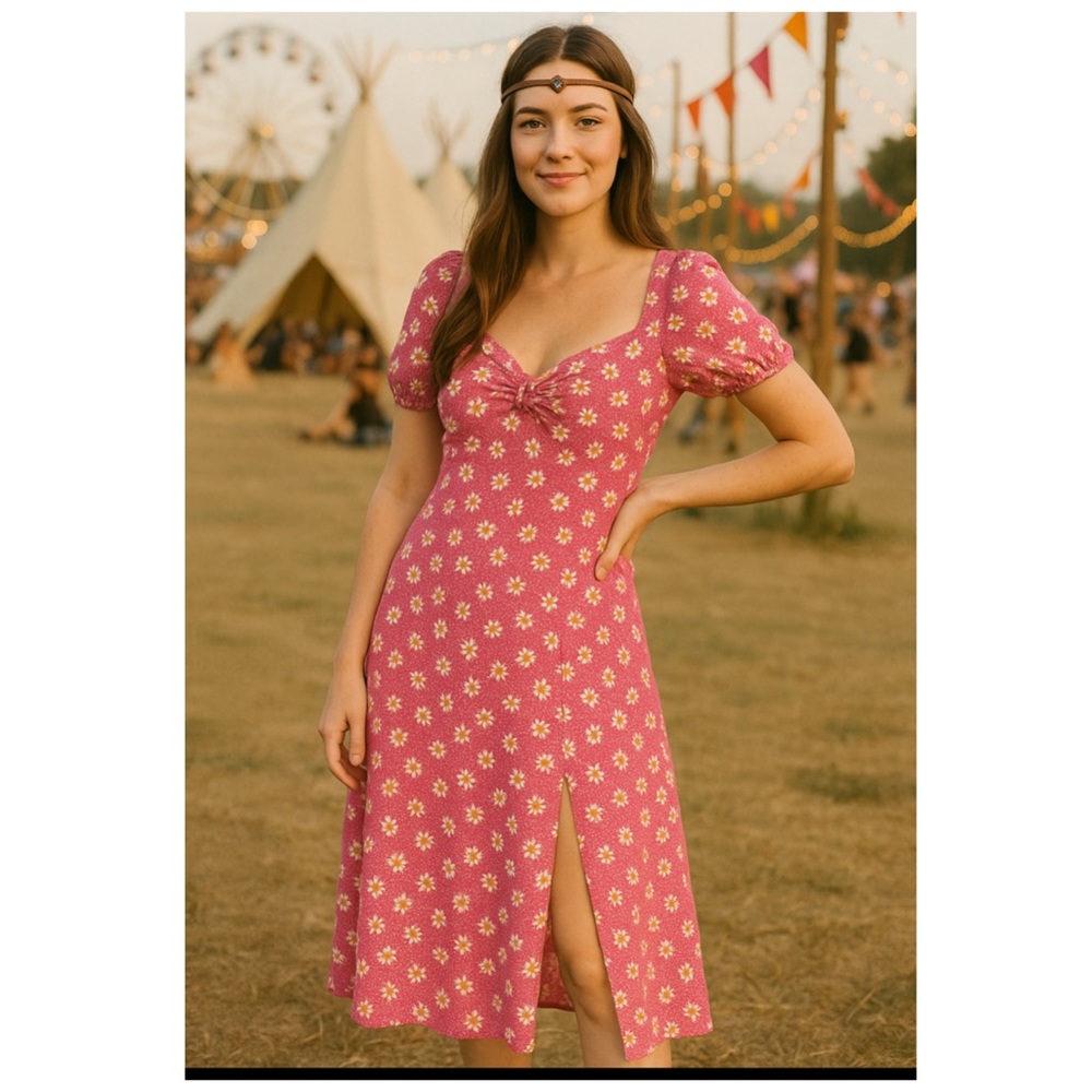 WAYF x Anthropologie Pink Daisy Puff Sleeve Midi Dress L | Spring Wedding Guest - Picture 3 of 13